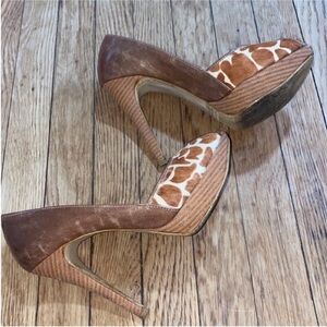 Cow Pony Hair High Heels Tan Peep Toe Platforms